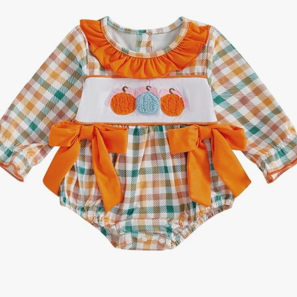 Reece & Co. Orange plaid long sleeve embroidered pumpkins and bow romper  6-12 m